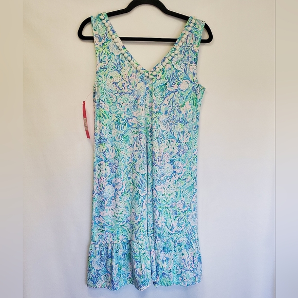 NEW Lilly Pulitzer Camilla Dress Small Surf Blue Soleil‎ Pom Pom Ruffle Easter S - Picture 4 of 14